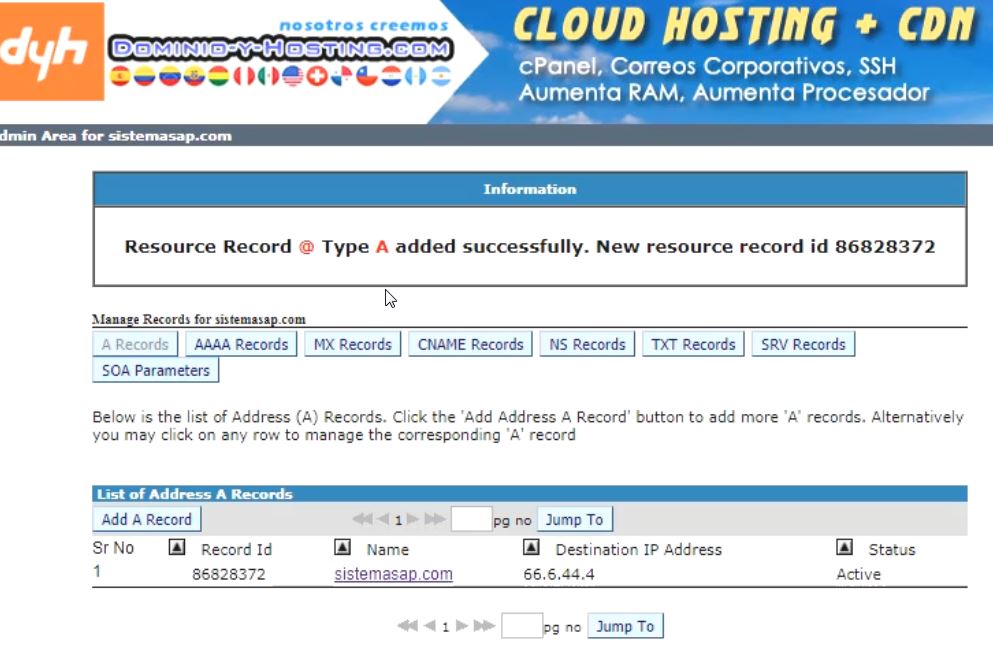 Creacio de A record exitoso