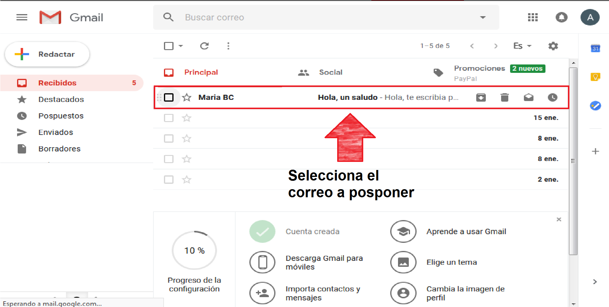 ¿Cómo activo el botón snooze o postponer de gmail?