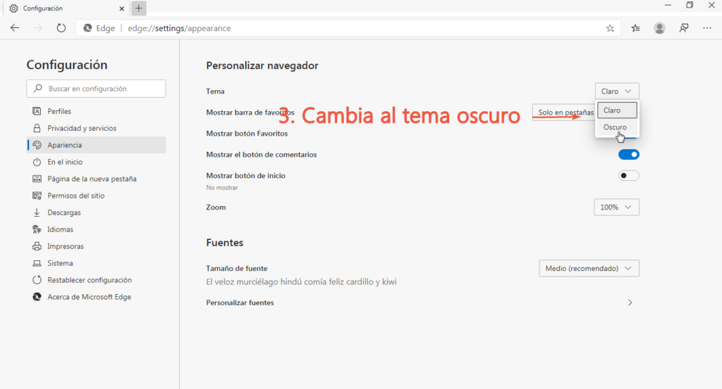 Cómo habilitar el modo oscuro en Microsoft Edge. 
﻿