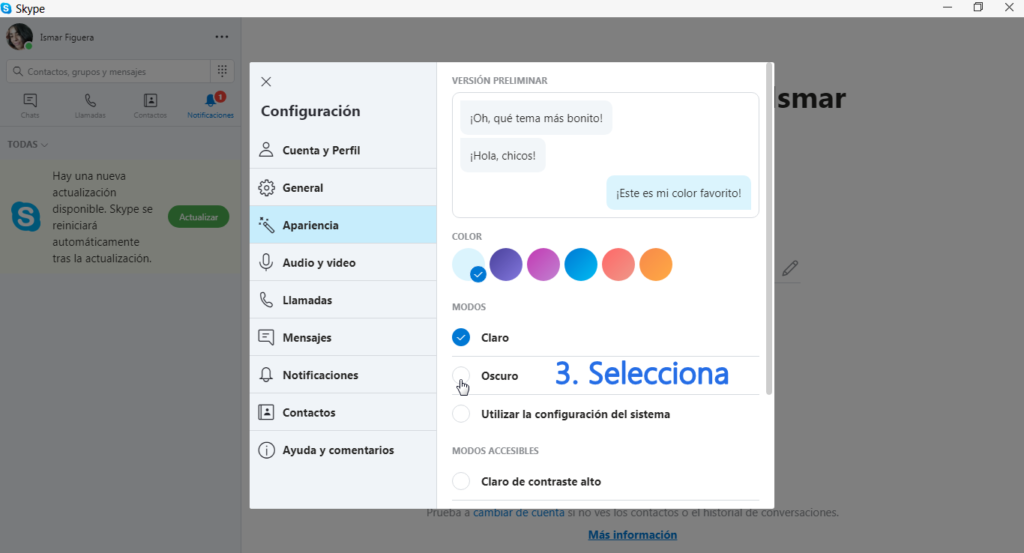 Activar modo oscuro en skype
