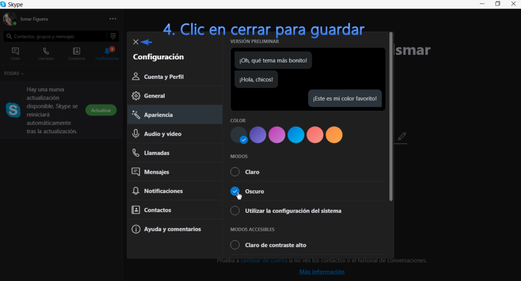 Modo oscuro en skype