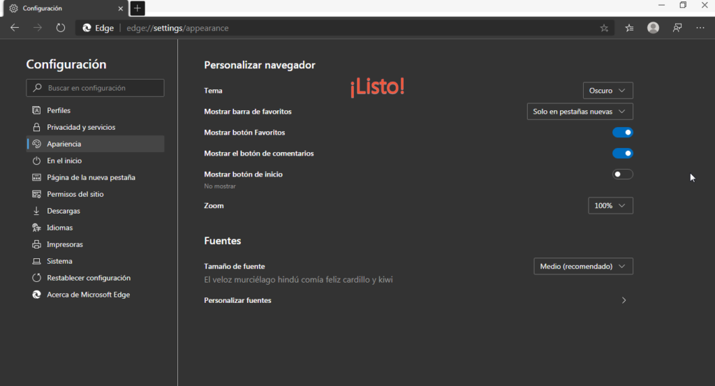 Modo oscuro en Microsoft Edge. 
﻿