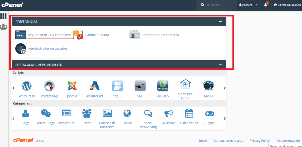 Pantalla de inicio Cpanel