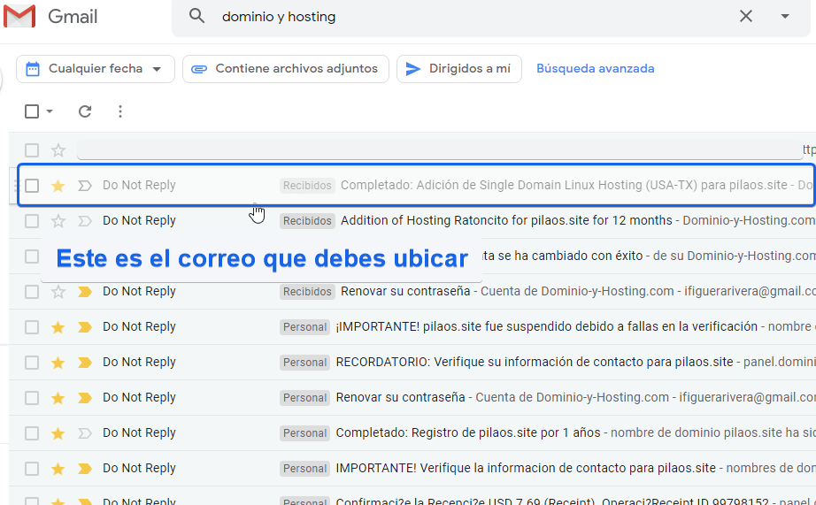 Correo para ubicar usuario y contraseña de Cpanel 